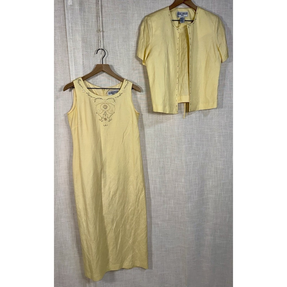 Jessica Howard Linen Blend Shift Maxi Dress Jacket Set‎ 10 Petite Yellow Beaded